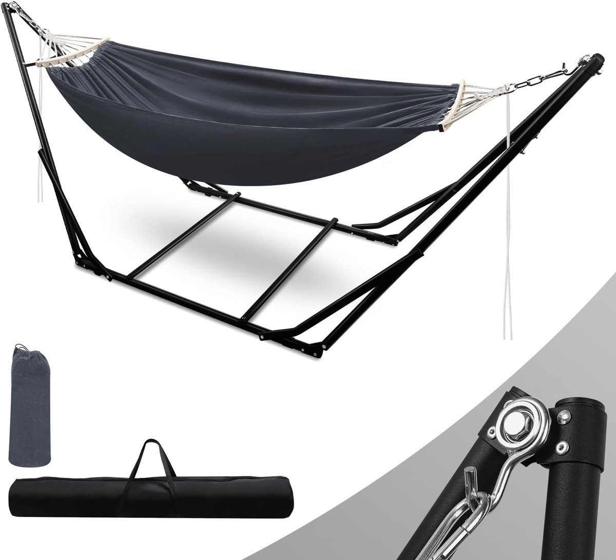 Hangmat met frame, metalen frame, inklapbaar, tot 150 kg, outdoor, hangstoel voor camping, tuin, zwembad, balkon, met draagtas, metalen frame