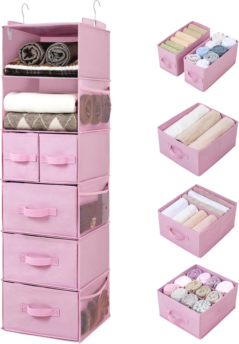 SAYS Hangende Organizer met 6 Vakken, Kledingkast Organizer Hangende, Hangkast Organizer met Zijvakken, Kast Organizer Opbergen en Organiseren, Kleding Organizer, Roze, Hanging Storage Shelf