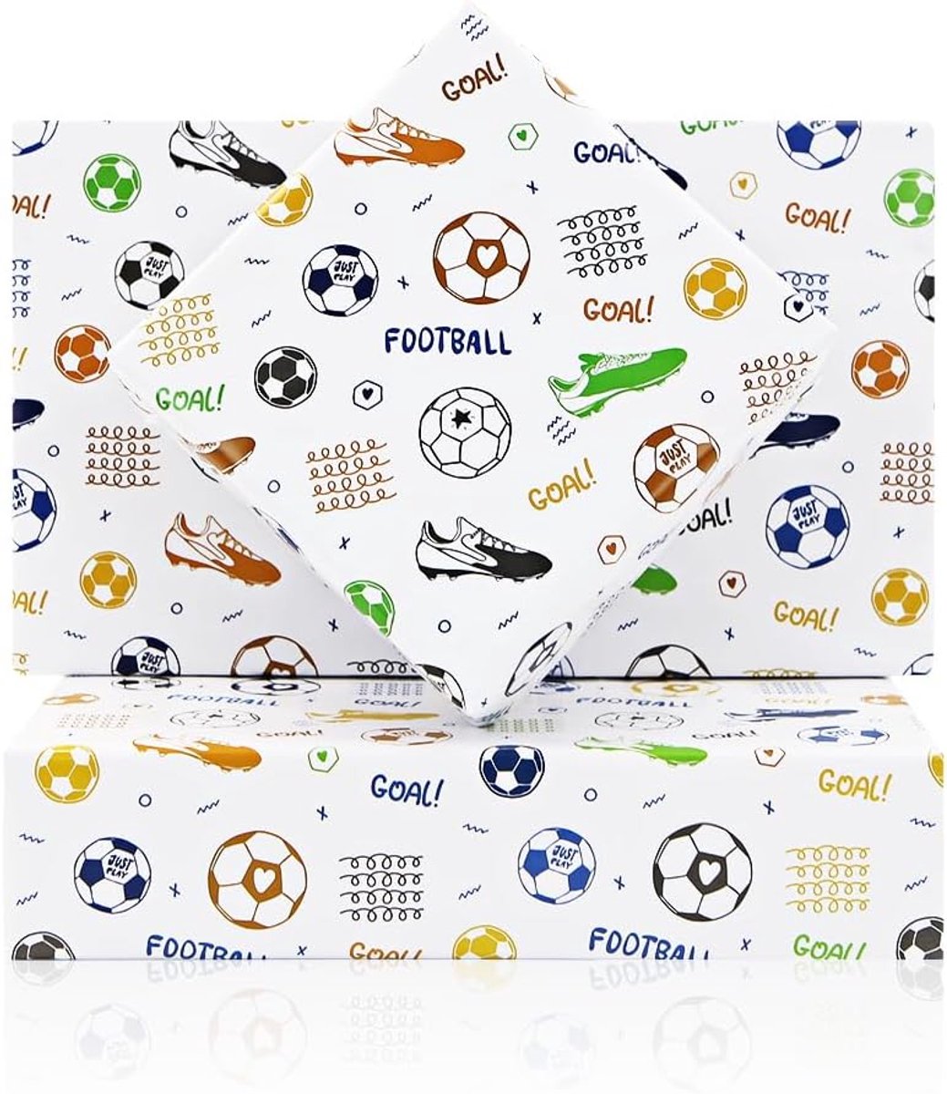Inpakpapier, voetbalschoenen, doel geschenkpapier, 4 vellen 50 x 70 cm per vel, verjaardagscadeau voor jongens, kinderen, mannen, voetballiefhebber, verjaardag vakantie