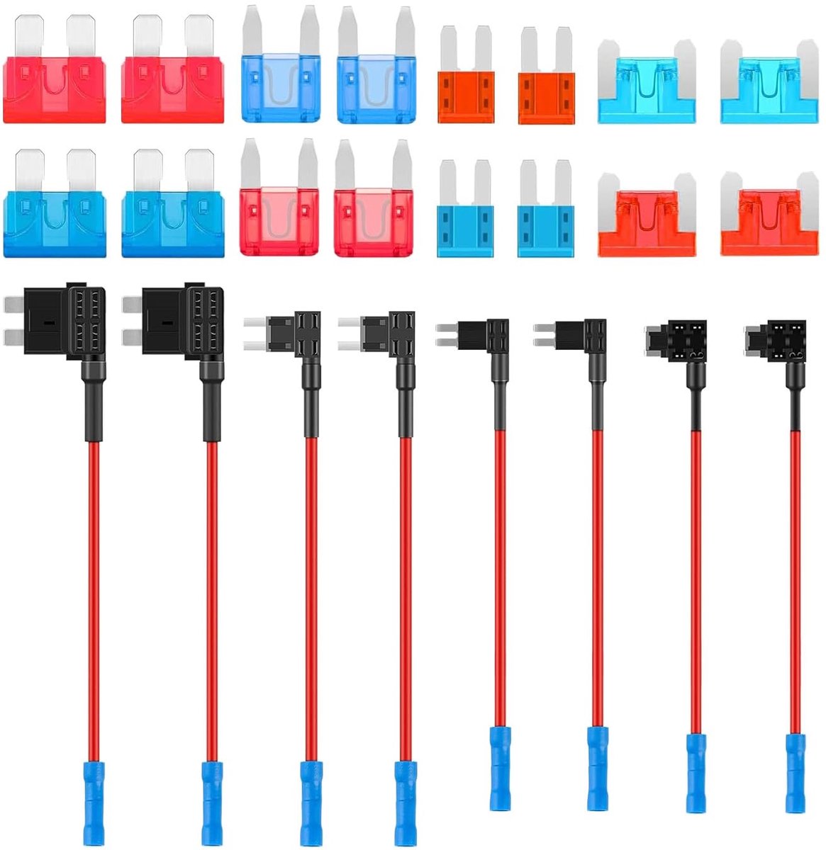 8 stuks standaard Mini Micro2 laag profiel stroomdiefzekering auto 4 waarden, Piggyback zekeringsadapter, voeg een Circuit platte zekeringsadapter set, 4 types ATO ATC ATM APM stroomdieven