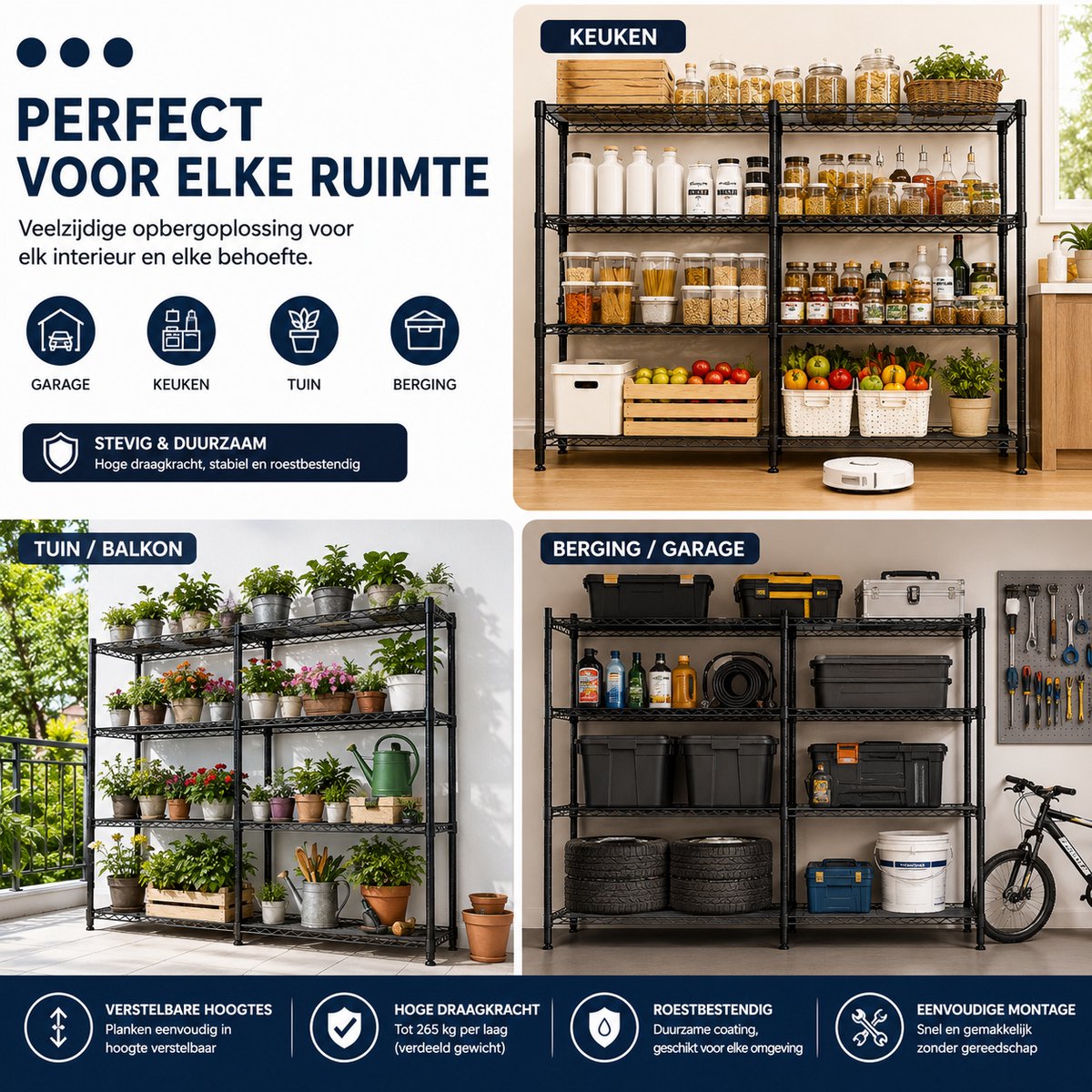 Parasha Nova metalen opbergrek - metalen opbergrek – Verstelbaar draadrek - hoge draagkracht, roestbestendig - eenvoudige installatie – Ideaal voor garage, keuken, kelder – 4 niveaus, 150 cm breed, 151 cm hoog