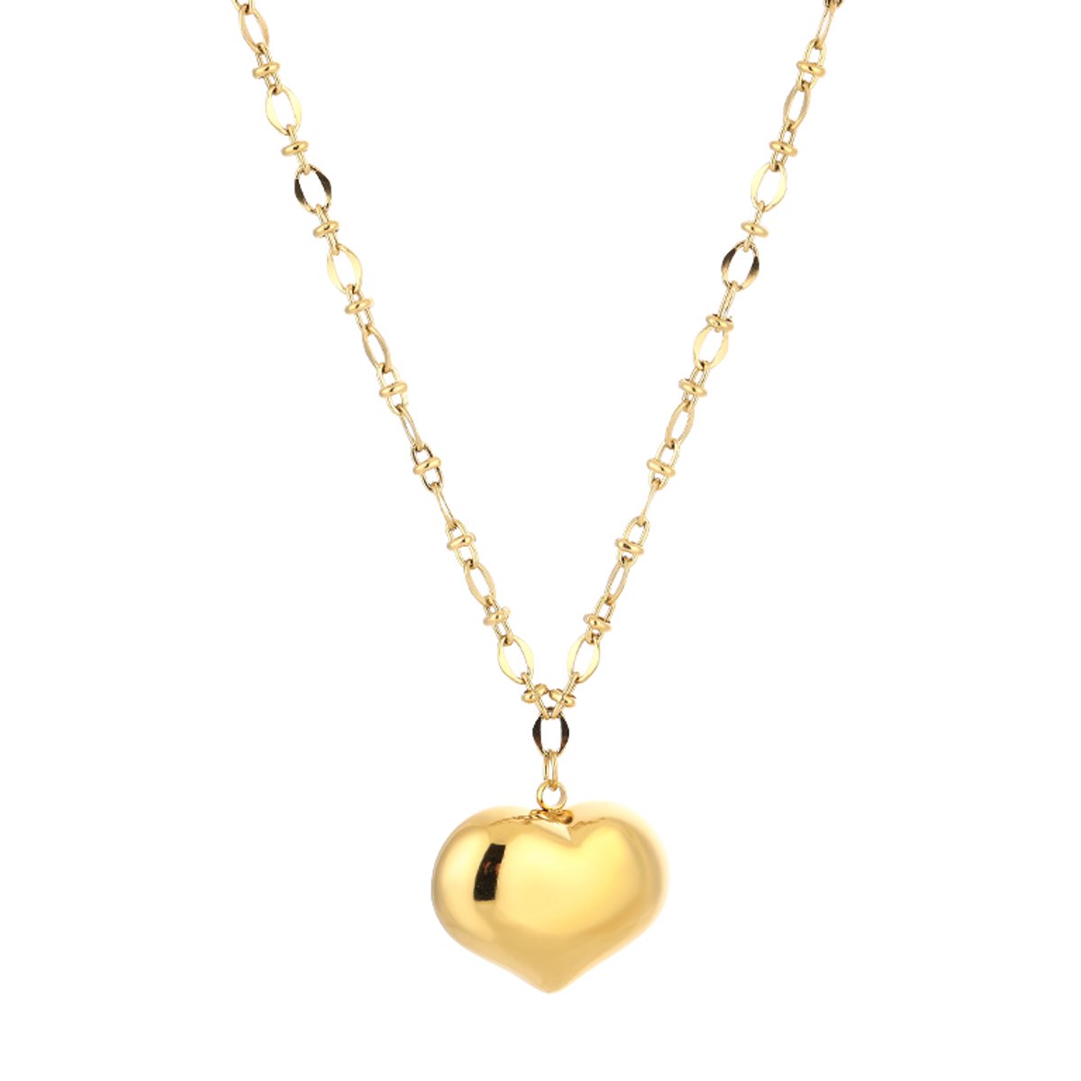 XL Puffed Heart Pendant Fancy Link Chain Necklace – Ketting met XL Hart – RVS - Goud