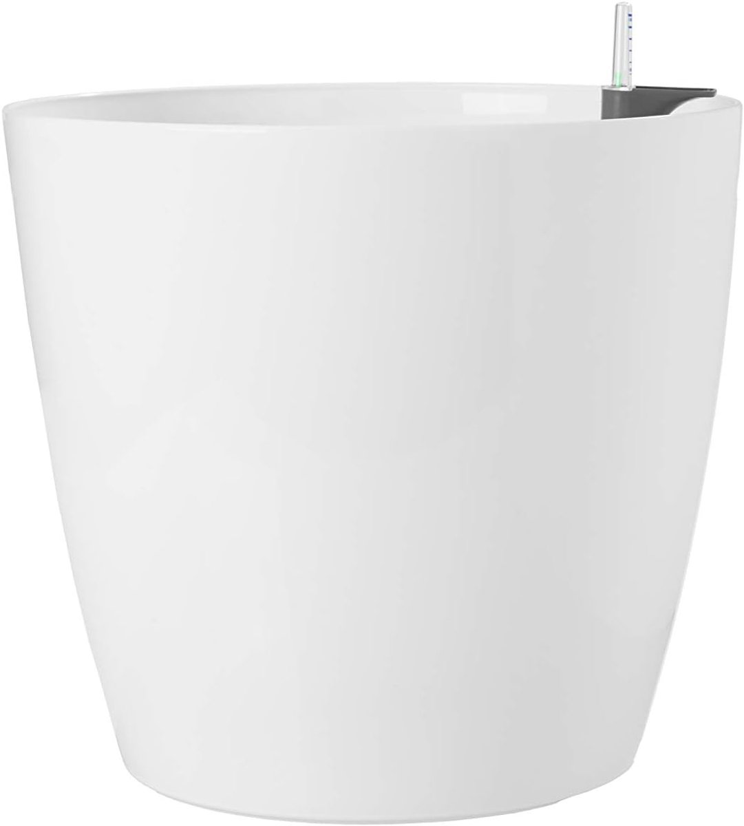 SnelShoppen - Bloempot rond met zelfbewateringssysteem, modern design, 42 x 42 x 39.5 cm, witte kleur, wielen voor makkelijk verplaatsen, 100% recycle