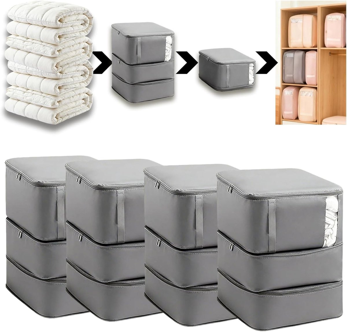 Opbergtas - Grijs - 52 x 42 x 50 cm - Ruimtebesparende Compressie Beddengoed Organizer - Voor Kleding en Dekbedden