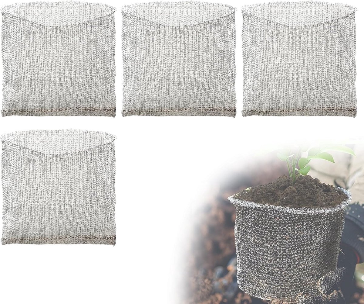 4 Rozenwortelbeschermingsmanden van Roestvrij Staal - Bescherming voor Planten tegen Muizen en Woelmuizen in de Tuin - Metaalgaas om de Wortels te Beschermen