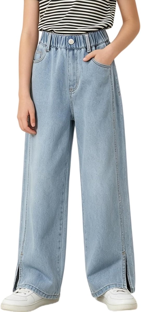 Jeans voor meisjes met losse elastische denim tailleband, blauwe spijkerbroek met modieuze scheuren