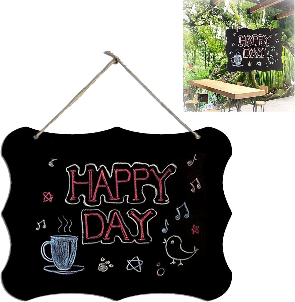 Schoolborden Mini houten schoolbordbord met henneptouw Klein schoolbord om op te hangen Dubbelzijdig prikbord voor bruiloft menuborden verjaardagsfeestjes en restaurant (30 x 20 cm)