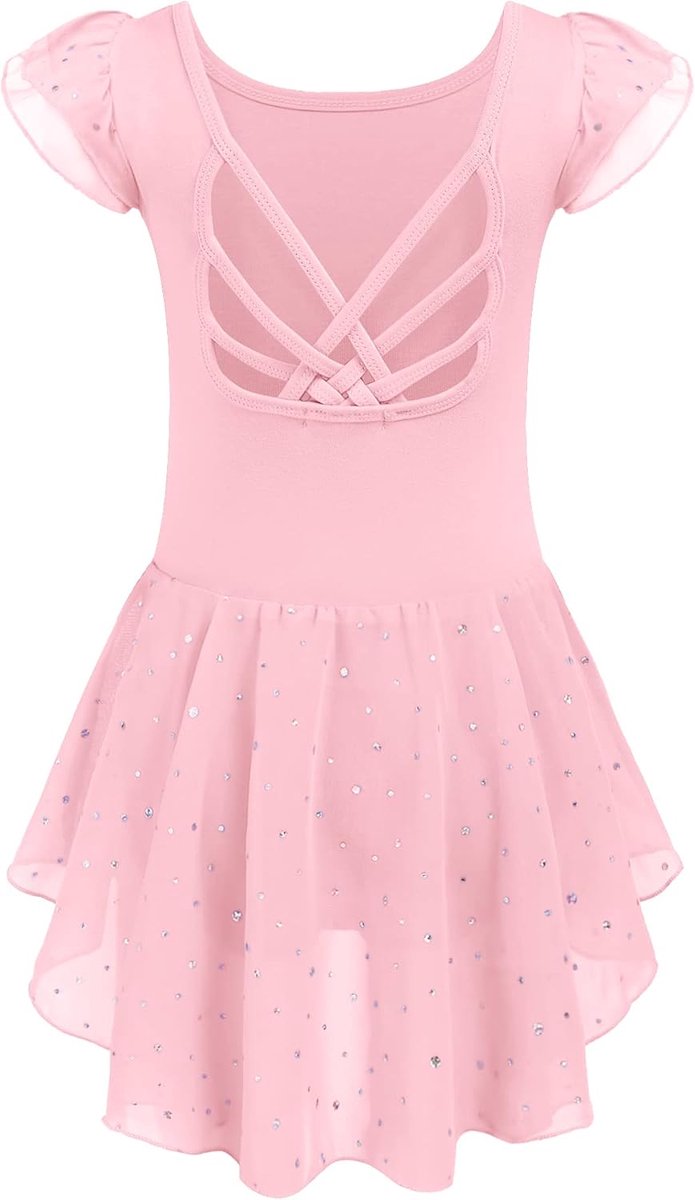 Balletpak voor kinderen, 2-10 jaar, balletjurk, rugvrij, korte mouwen, balletkleding, katoen, dansbody met onregelmatige balletrok met strass-steentjes