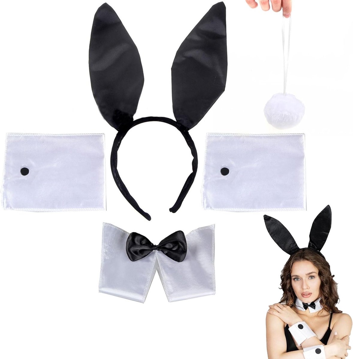 5-delige Bunny-accessoireset voor dames, Bunny-kostuum, bunny oren, haarband, konijntje cosplay set, set, konijnenoren en staart, Pasen, hazenoren, hoofdband, vlinderdas
