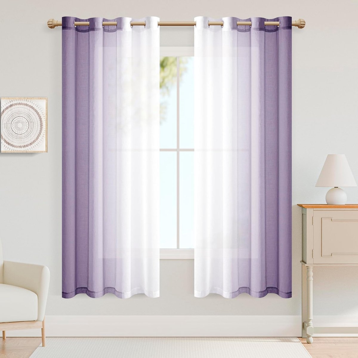Gordijnen met oogjes, transparante vitrage, kleurverloop, voile gordijnen, ombre gordijn voor slaapkamer en woonkamer, 160 cm x 140 cm (h x b), lila