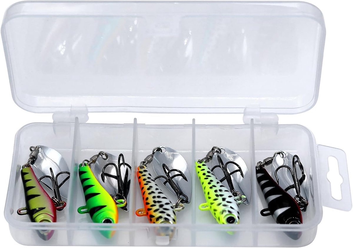 visköder set, 5 stuks Jig Spinner vissen 20g in köderbox UV-actief visköder voor snoek, baars, forel, snoekbaars, dobbel