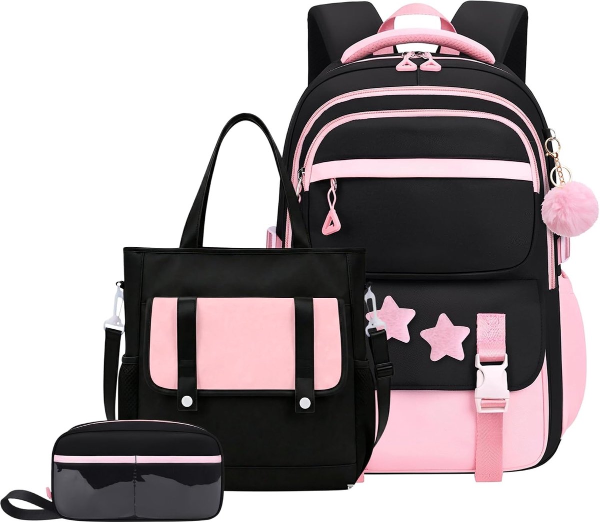 KZQ 3-delige rugzakset voor meisjes met totebag - Met sterpinnen en pluchen hanger - Geschikt voor basisschool en middelbare school - Roze