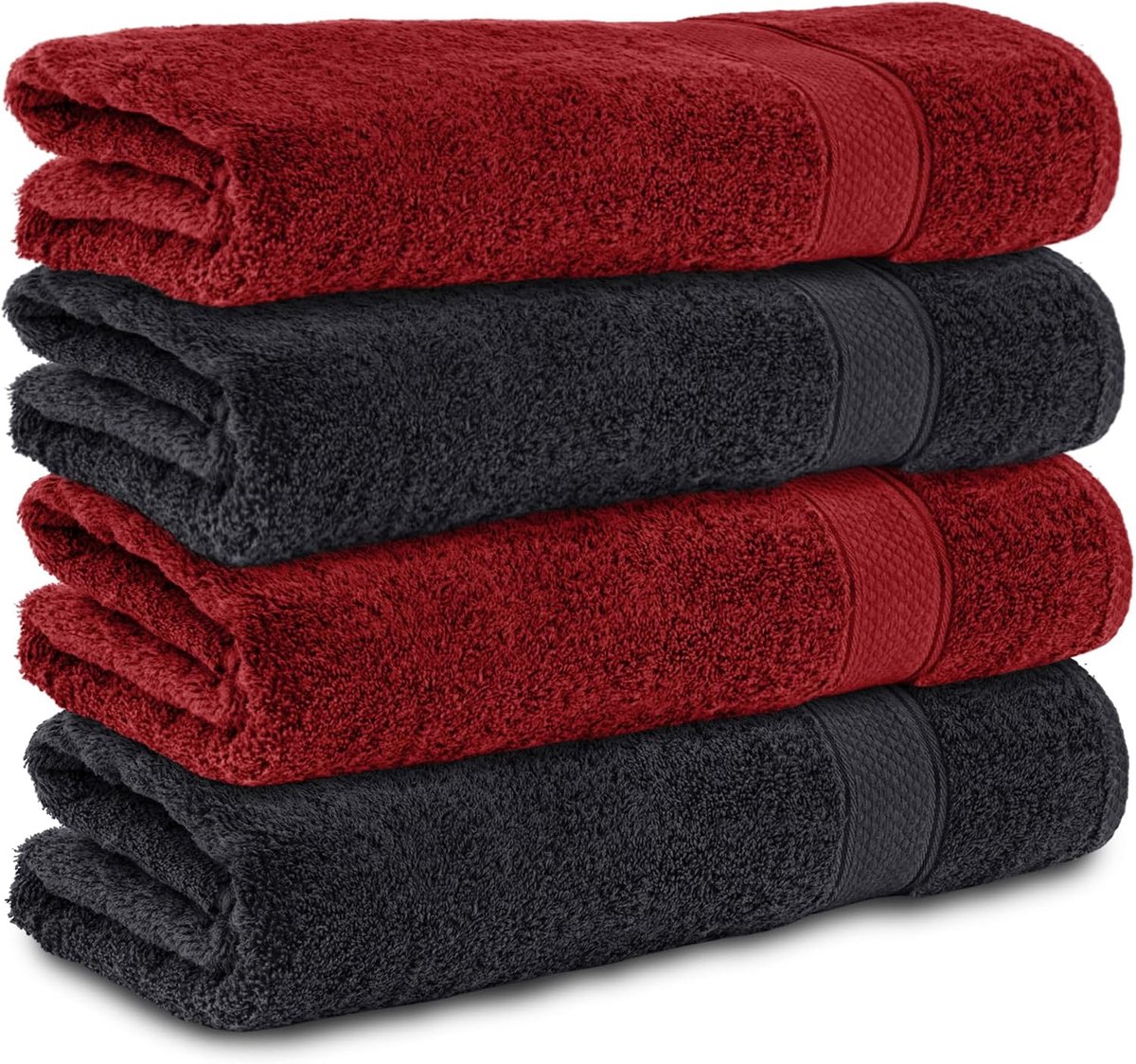 Badhanddoeken 70x140 cm, Set van 4, 100% Katoen | Zachte en Sterk Absorberende Badstof Handdoeken voor Badkamer, Douche, Spa en Sauna, Zwart/Rood