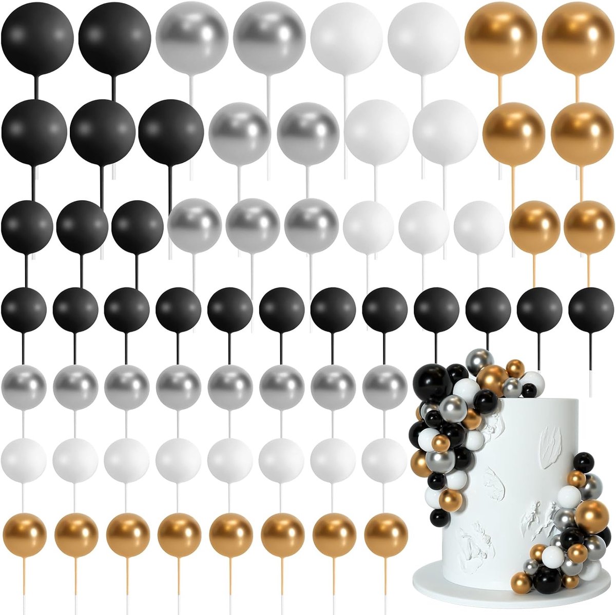 75 stuks taartballen topper decoraties schuim cupcake topper mini ballon taart topper ballen taart picks voor taart deco verjaardagsfeestje bruiloft (zwart, goud, zilver, wit)