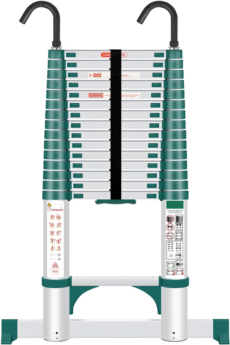 Lìon® Telescoopladder - Opvouwbare Ladder voor Zolders - 150kg Laadvermogen - Groen - 8cm x 96cm x 470cm