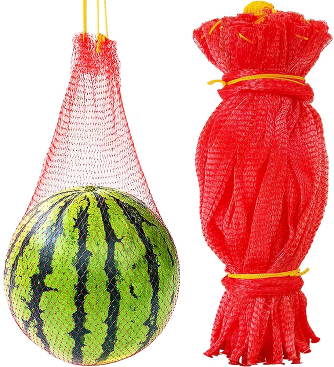 Netzakken voor watermeloen - 50 stuks - Netzakken voor fruit - Netzakken voor uien - Hangnetten voor meloenen - Met trekkoord - Herbruikbaar - Hangnetzakken - Geschikt voor tuinieren, fruit en andere detailhandel - Extra dik - 60 cm - Rood