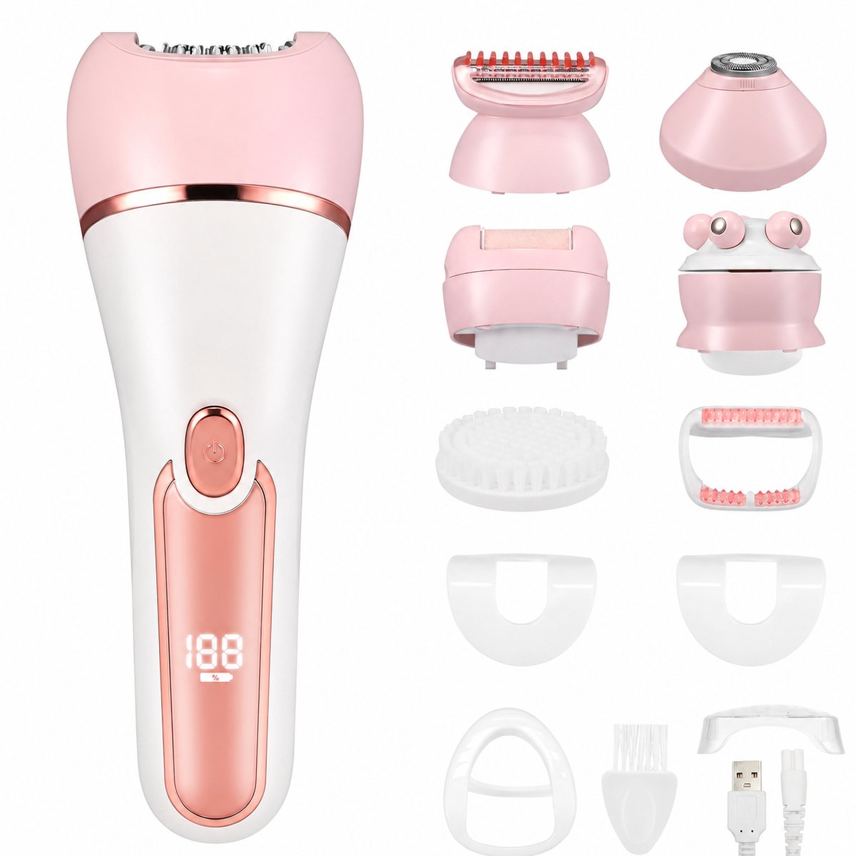 Gezichtsepilator 6-in-1 Vrouw Oplaadbaar - Wet & Dry Elektrische Ontharingsapparaat met Massage- en Reinigingskop Roze