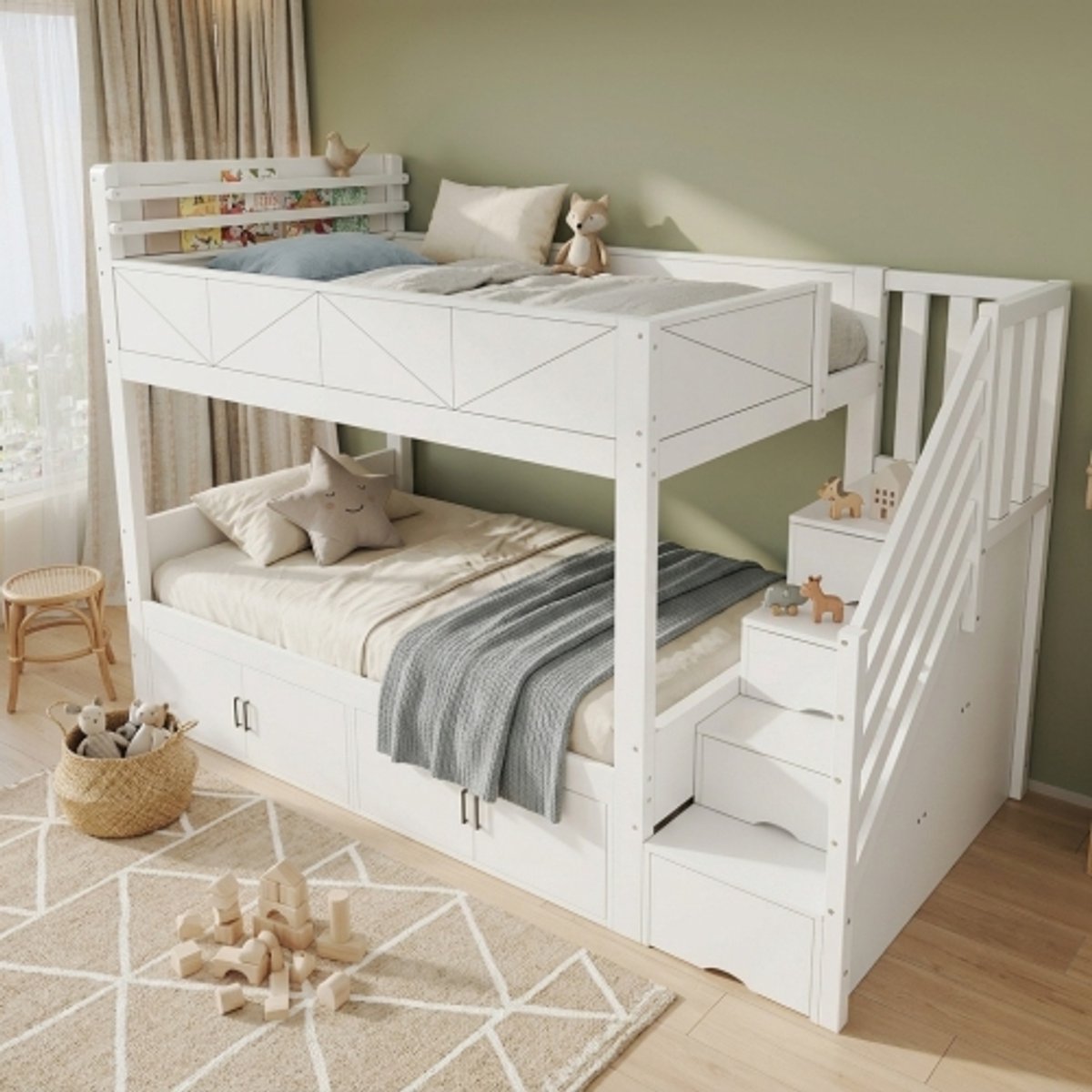 Wit Houten Stapelbed 90x200 - Kinderbed met Veilige Opbergtrap, Onderkasten met Deuren & Boekenrek - Modern Houten Etagebed voor Kinderkamer