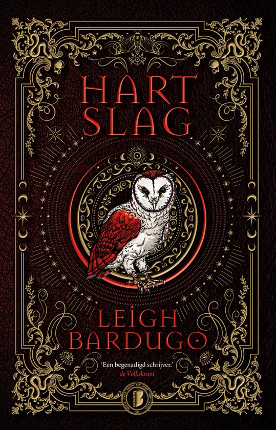 Couverture du livre avec un hibou stylisé aux plumes blanches et rouges, entouré d'ornements dorés. Titre : Hartslag.