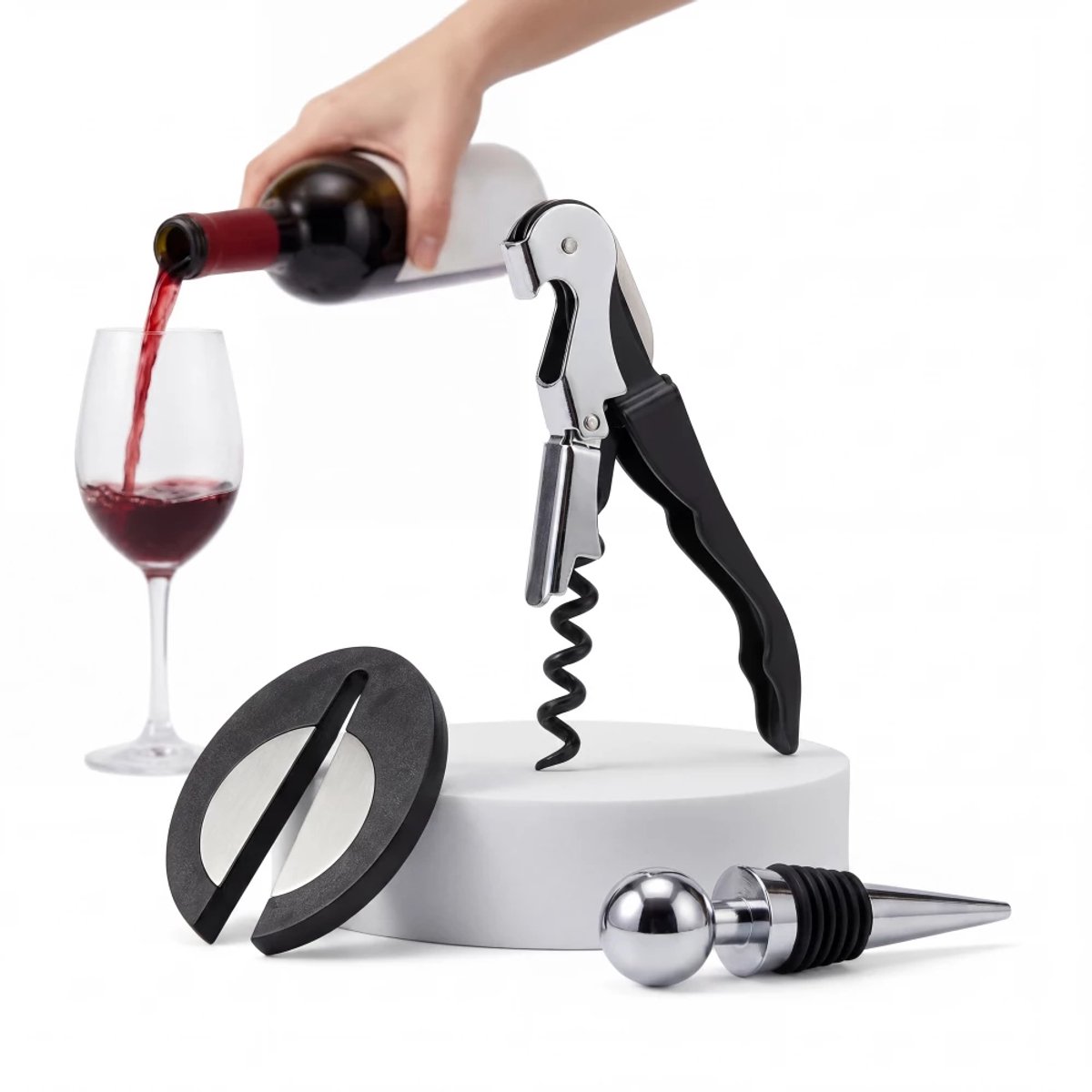 Wijn Accessoires Set 3-in1 - Kurkentrekker, Wijnstopper en Foliesnijder - Complete Set - Wijnopener - Wijnfles Stoppers - Cadeauset - Flesopener - Wijn Geschenkset - Zwart/Zilver - Löwenthal