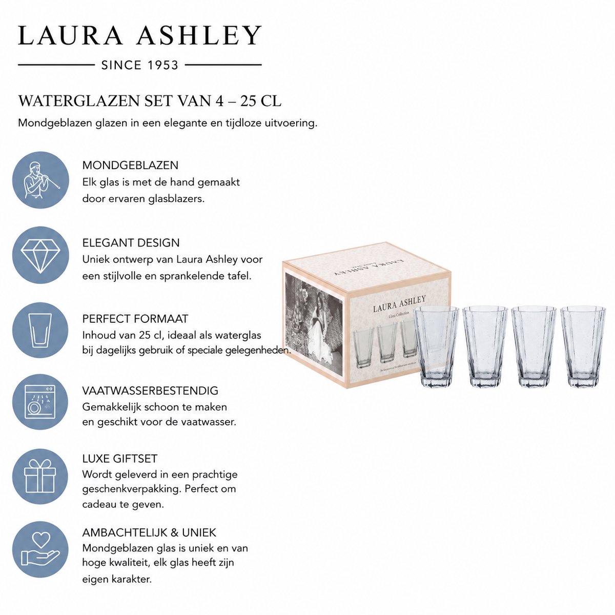 Laura Ashley Waterglazen set van 4 - Mondgeblazen - GiftSet - Helder 25 cl.