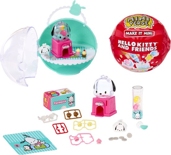 Een Miniverse Hello Kitty en Friends Series 4 set met een speelgoedautomaat, figuurtjes en accessoires.