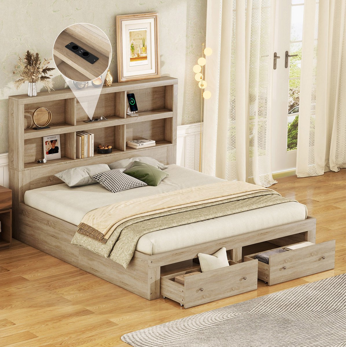 COVREO Bedframe 160x200 cm natuur spaanplaat opbergruimte zonder matras