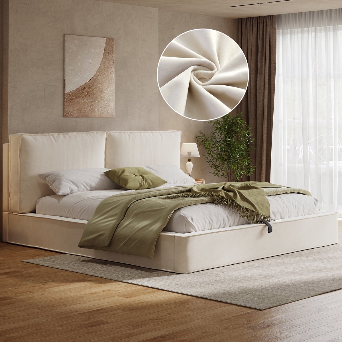 COVREO tweepersoons bed 180x200 cm - met lattenbodem, hydraulische opbergruimte, beige