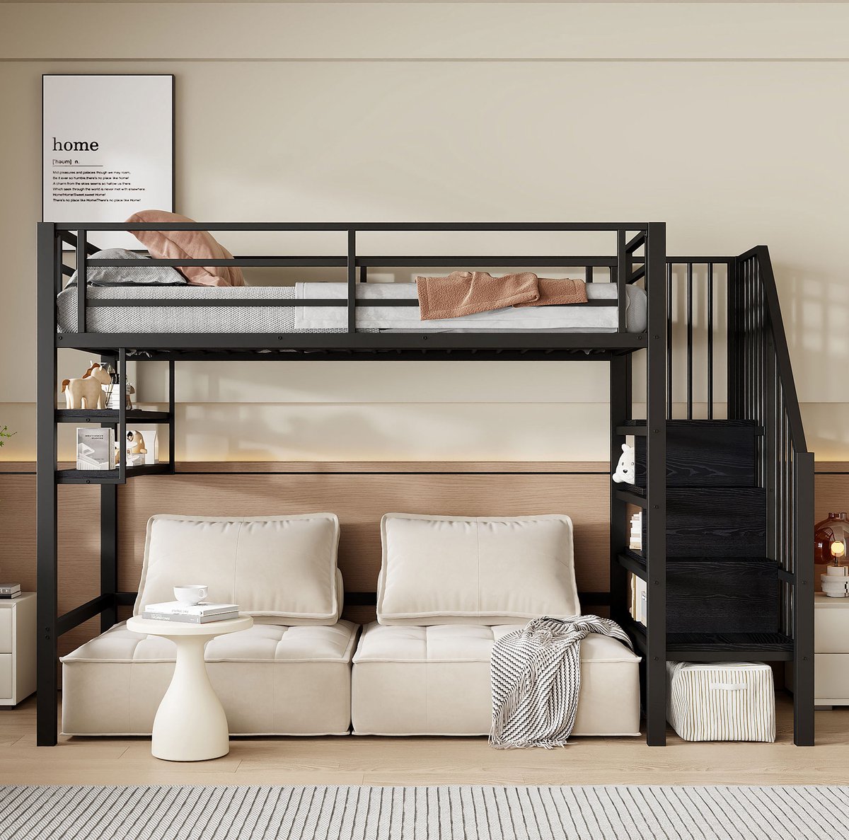 COVREO Hoogbed met opbergplanken – 90x200 cm – Kinderbed van metaal en MDF – voor spelen en opbergen – Zwart - zonder matras