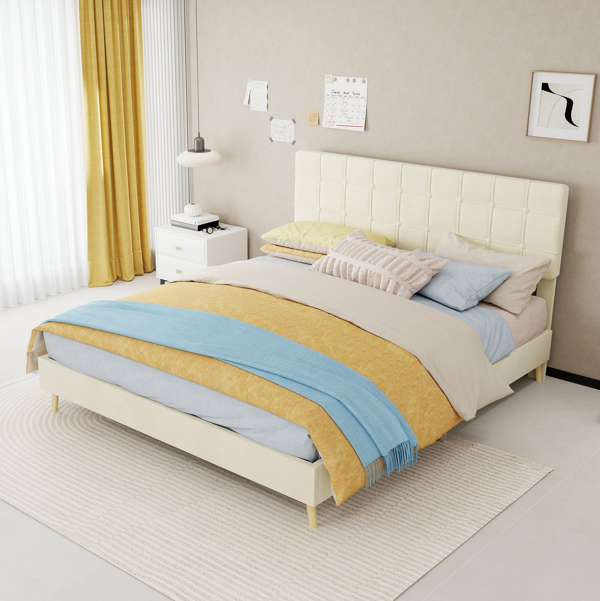 COVREO Bedframe met gewatteerd hoofdbord – 160x200 cm – Dubbel bed van velours – voor slaapkamer en logeerkamer – Beige - zonder matras
