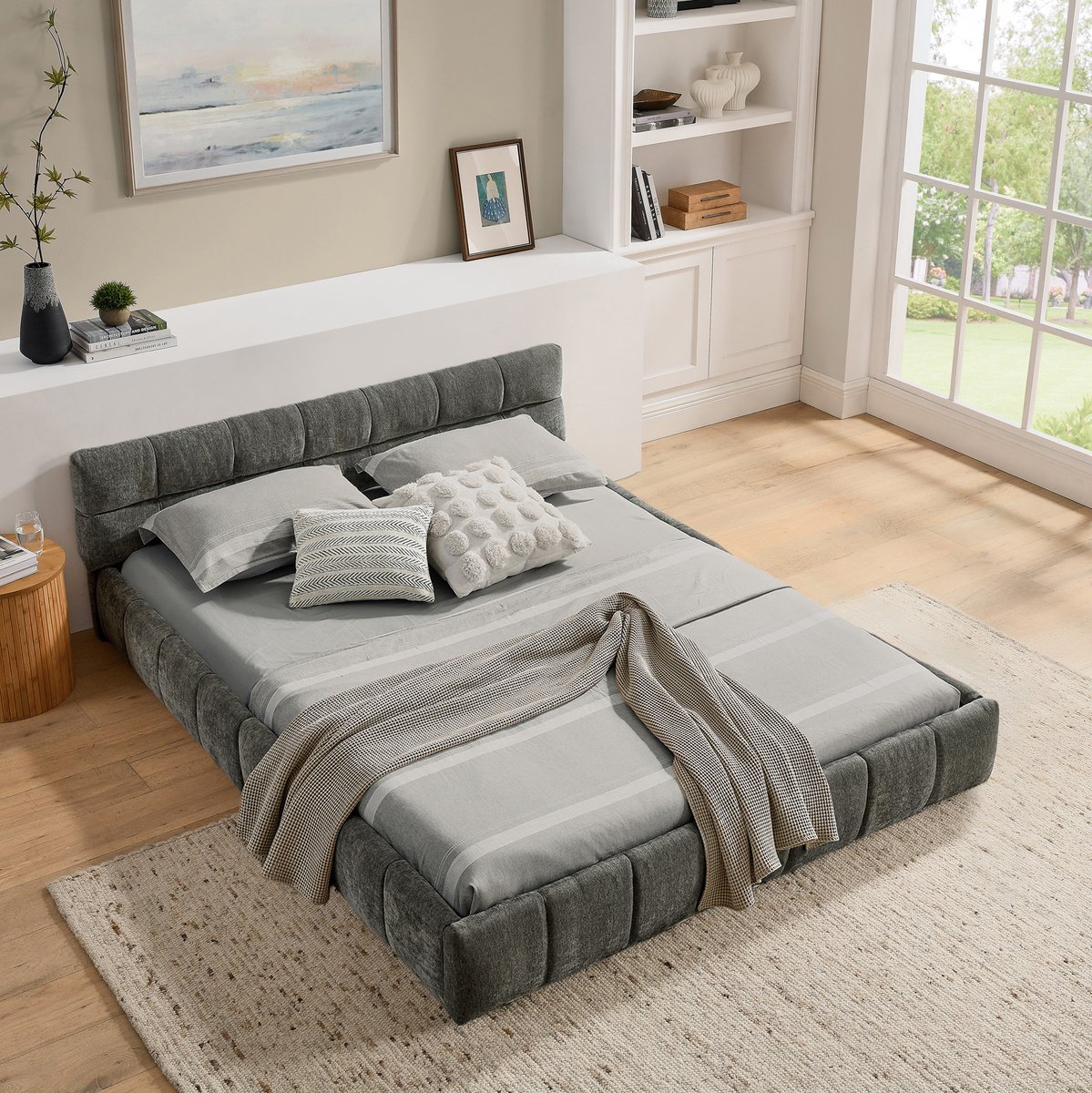 COVREO Bed met chenille bekleding – 140x200 cm – Dubbelbed met ijzeren frame – voor slaapkamer en logeerkamer – Dark Gray - zonder matras