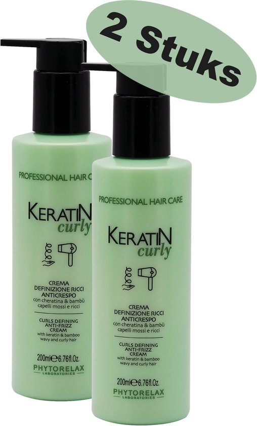 Deux bouteilles vert pâle 'Keratin Curly' avec distributeur à pompe et flacon pulvérisateur, étiquette '2 Stuks'.