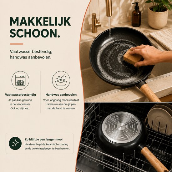 Hand wast een koekenpan met een spons, met tekst over vaatwasserbestendigheid en handwas.