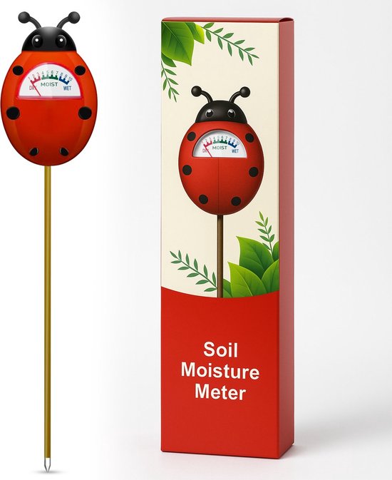 Rode lieveheersbeestje vochtmeter en verpakking met bladeren en tekst 'Soil Moisture Meter'.