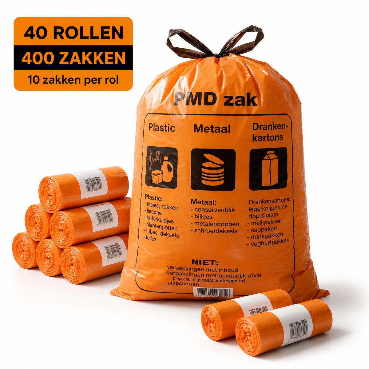 PMD Vuilniszakken met Opdruk – 60 Liter – Oranje LDPE – 28 Micron – 61 x 80 cm + 5 cm – Trekband – 40 Rollen x 10 Zakken