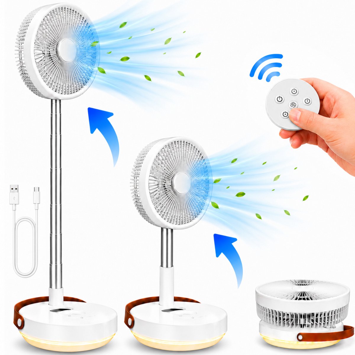 Tafelventilator Opvouwbaar Premium - USB-C Oplaadbaar - Afstandsbediening met Batterij - 8 Standen - Ingebouwde Verlichting - Draadloos en Inklapbaar - Staande Mini Ventilator - Kleine Statiefventilator - Aircooler - Mobiele Airco - Wit - Silvergear