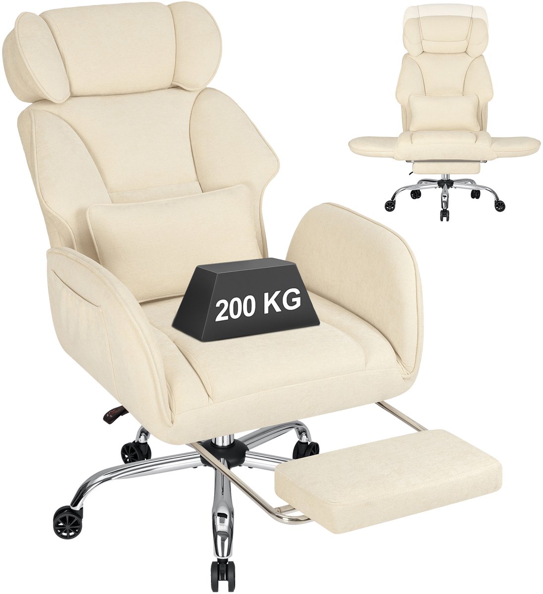 HOFFREE Ergonomische Bureaustoel Kleermakerszit met Voetensteun - Beige - Opklapbare Armleuningen, 135° Verstelbare Rugleuning, Chenille Stof, Belastbaar tot 200 kg