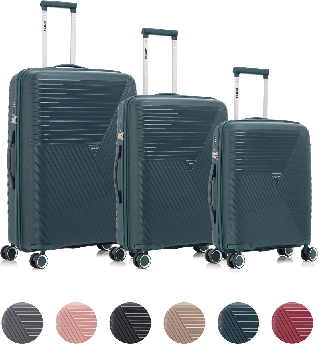 TRALEX - Voyager - 3 Delig kofferset - Handbagage 42L - Medium koffer 67L & Grote koffer 97L - Polypropyleen - Harde schaal - TSA-slot - Lichtgewicht - Flexibel - Duurzaam - Stille (rubberen) wielen - Dubbele spinnerwielen - Ocean Blue