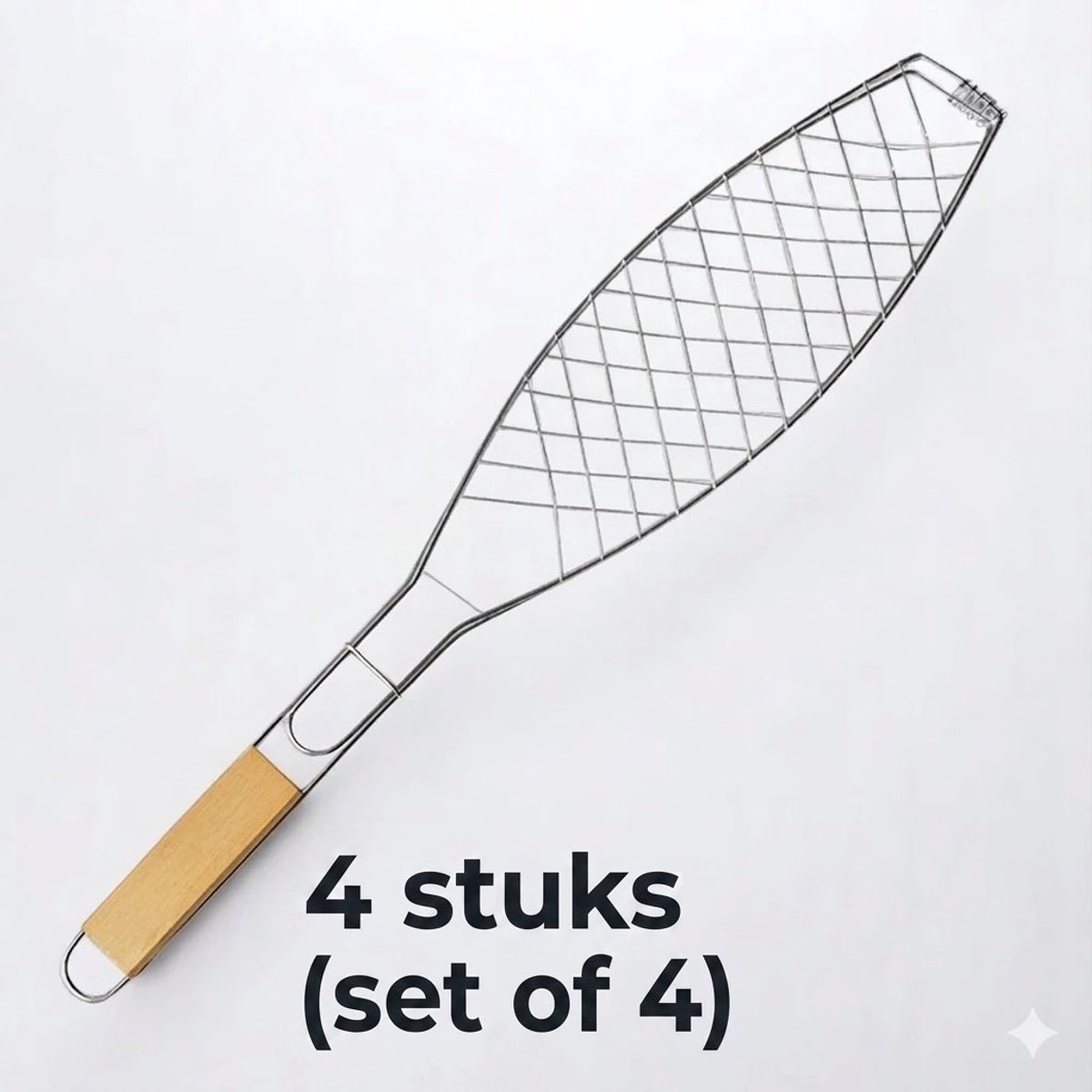 4 stuks Grote stevige -BBQ grillhouder voor Vis -Fishrack-Houten handvat-Vis klem-grill mand -70 x 13 cm