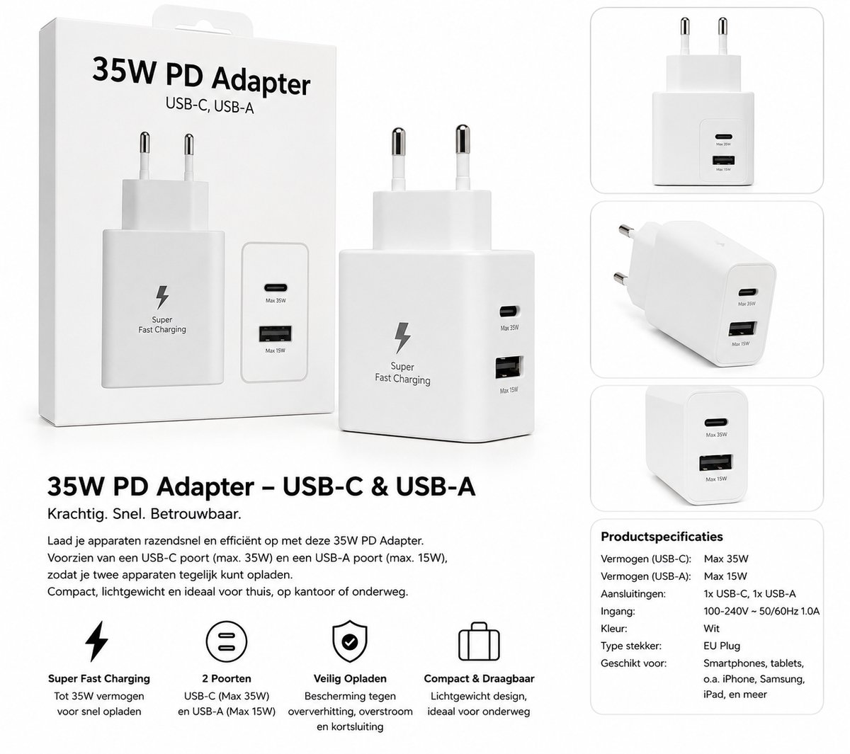 35W PD Snellader USB-C + USB-A Adapter – Super Fast Charging – Wit