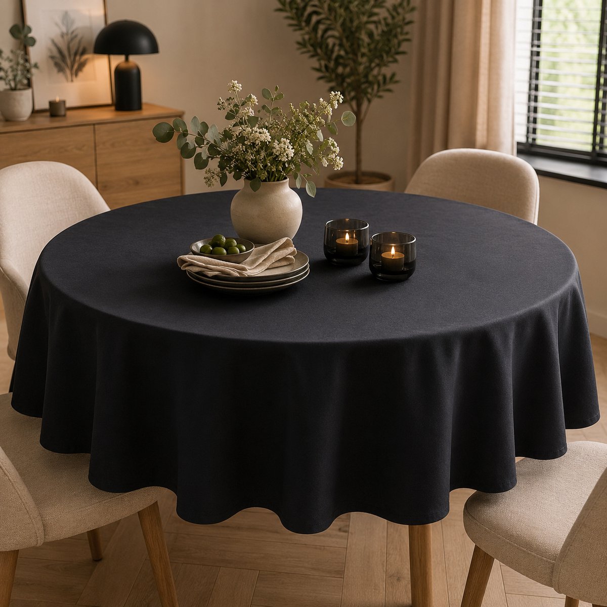 Damasten Tafelkleed Rond Ø180 cm – Zwart – 100% Katoen – Hotelkwaliteit