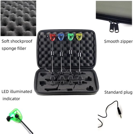Vis Alarm Set - Bite Indicator - Vissen Dag Nacht - Universele Stekker - 4 Stuks Set - Multicolor — afbeelding 2