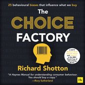 Boekomslag van 'The Choice Factory' met de titel, een gele profielkop met een barcode en tekst in het geel en wit.