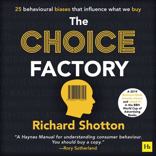 Boekomslag van 'The Choice Factory' met de titel, een gele profielkop met een barcode en tekst in het geel en wit.