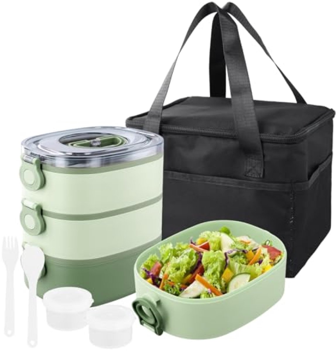 ModernStore 3-in-1 lunchbox met bestek 2800 ml - Bento box met 3 vakken, scheidingswanden, lekvrij, BPA-vrij, magnetronbestendig, groen