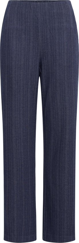 Donkerblauwe broek met krijtstreep en rechte pasvorm.