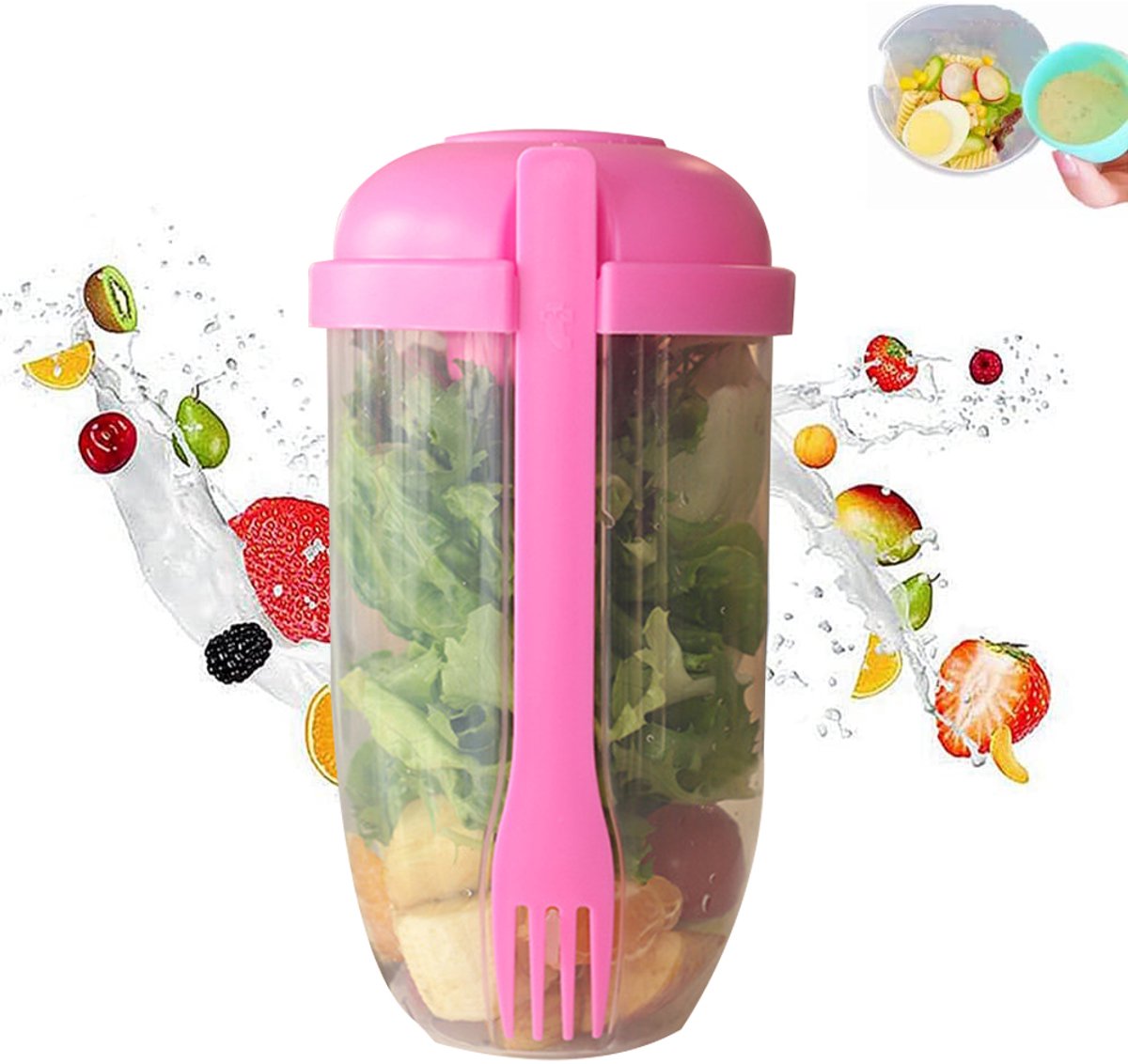 carmdering - Yoghurt beker -Saladebeker - Deksel - Groente- en fruitsaladebeker - Vork - Salade - Thuis Vershoudcontainer - Draagbaar - Lunchbox- Gezondeten meenemen - Appart saus bakje
