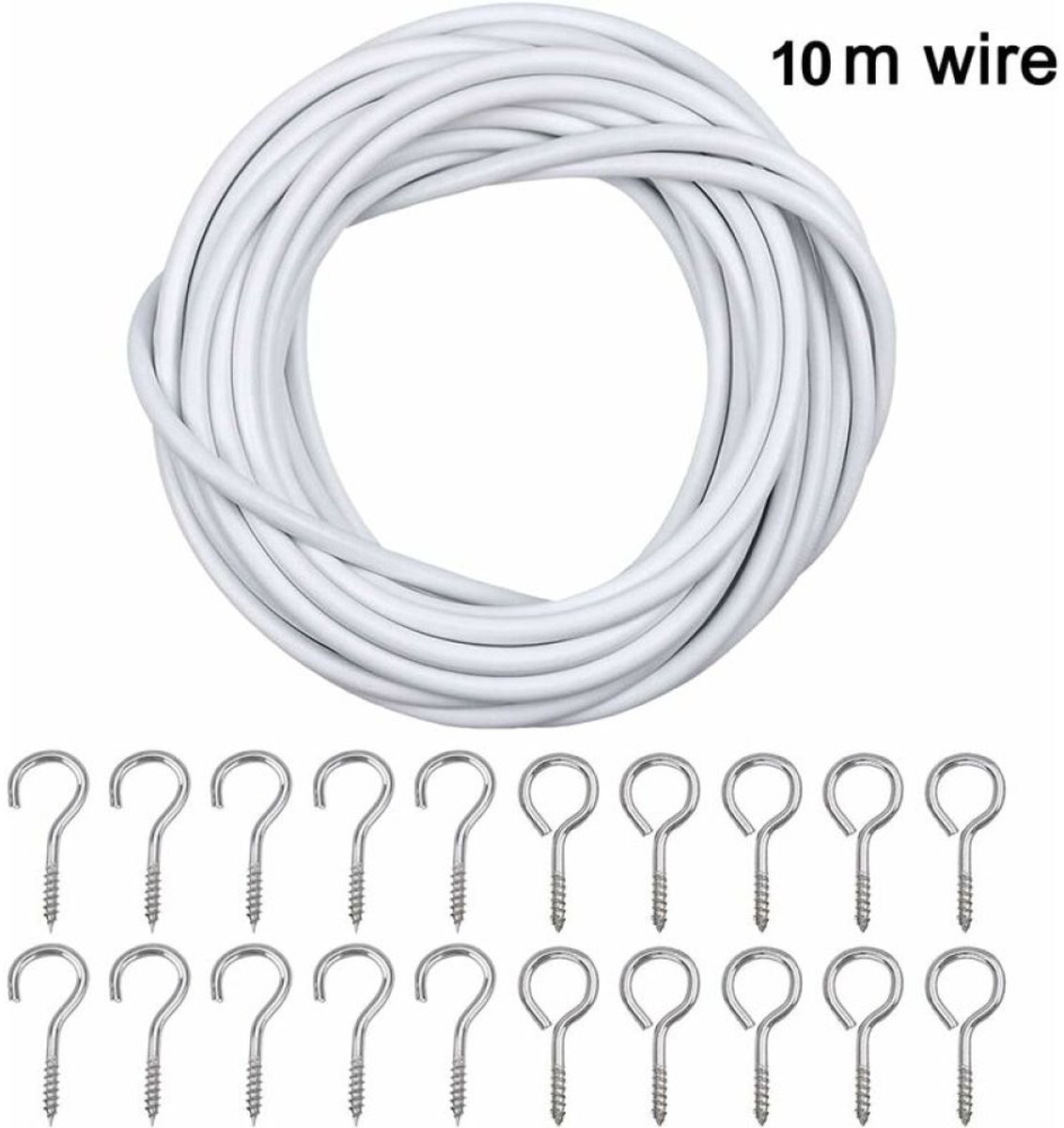 carmdering - Gordijn spiraal draad - 10M - Gordijnkabel - met schroefogen en haken - 10 schapenoogcirkels en 10 vraagtekenspijkers - Spiraaldraad set - gordijn kabel lijn voor kleding - voor gordijnroedes, gordijnen, douchegordijnen
