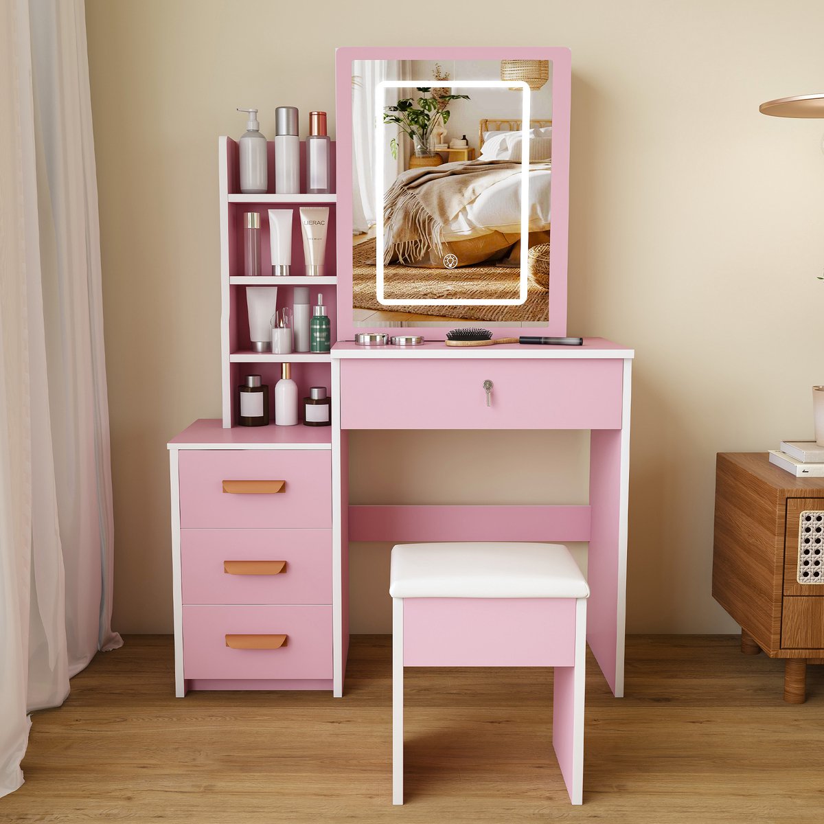 STILVORA Kaptafel - Spiegel Met Verstelbare Ledverlichting En Kruk - Voor Slaapkamer Of Kleedruimte - MDF - Roze Wit