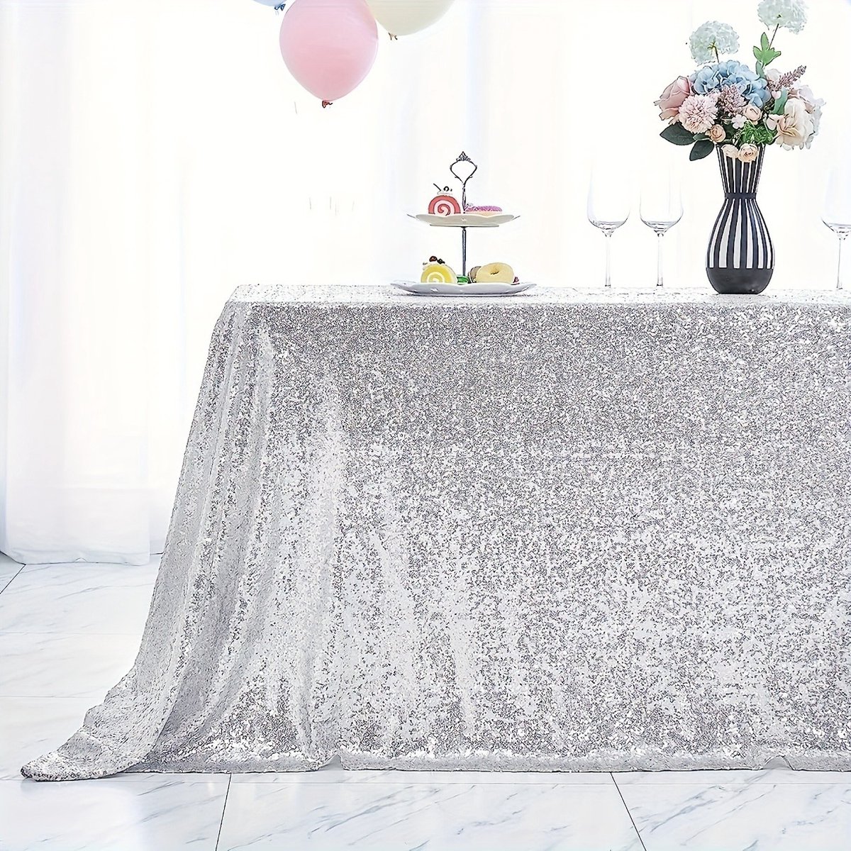 Zilveren rechthoekige kersttafelkleed (127 x 203 cm) met pailletten – glittertafelkleed voor bruiloft, Kerstmis en Halloween